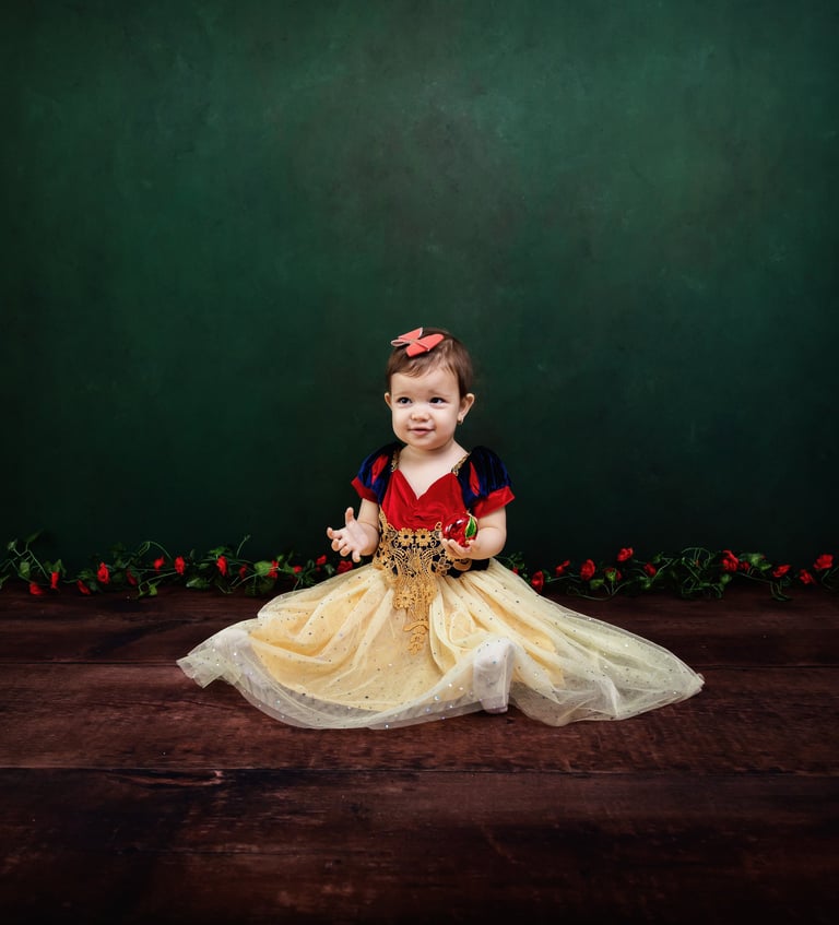 a baby girl dressed in a snow white dress