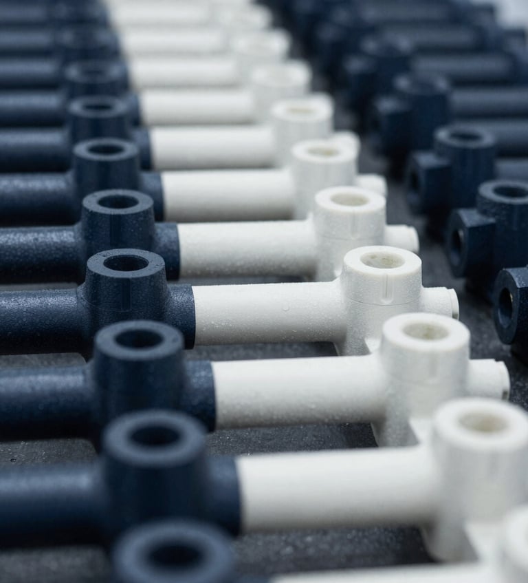 A batch of custom-fabricated mechanical parts arranged neatly in rows, demonstrating series production. Premium industrial photography with minimal composition, dark navy blue and white tones in Spain.