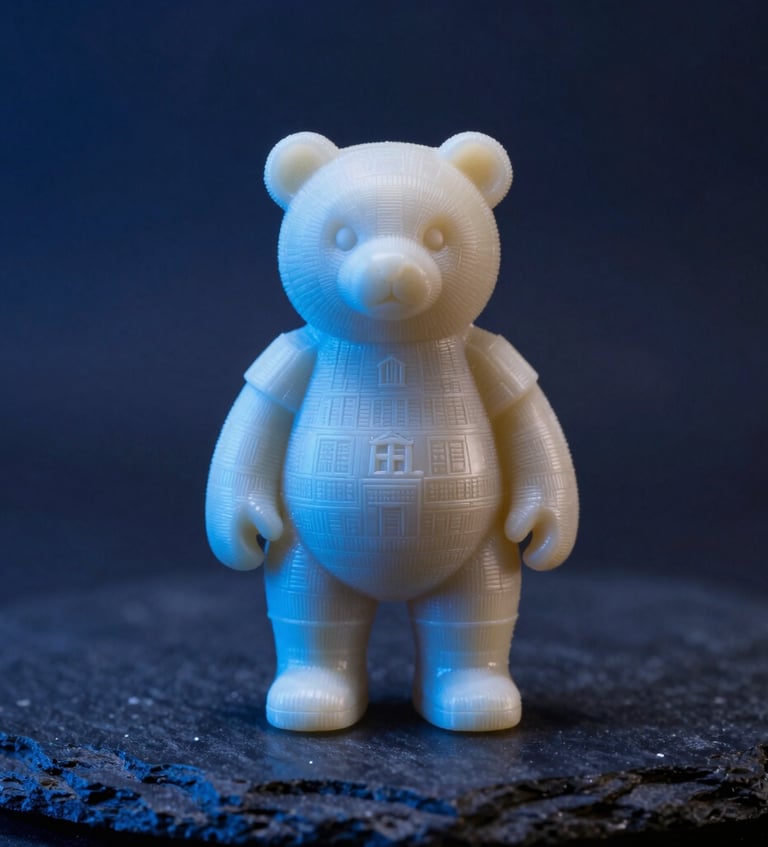 A detailed macro shot of a precise resin 3D printed figurine with flawless surfaces, highlighted by dramatic electric blue accent lighting on a dark slate blue background in Southern Europe.
