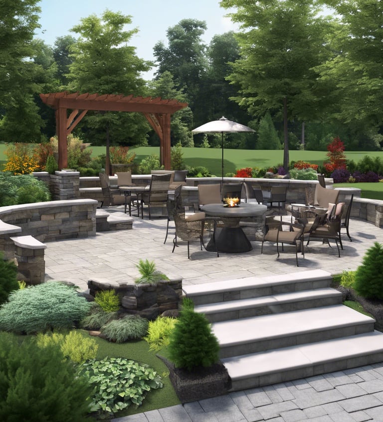 picture of concrete patio with steps pergola retaining wall and softscape