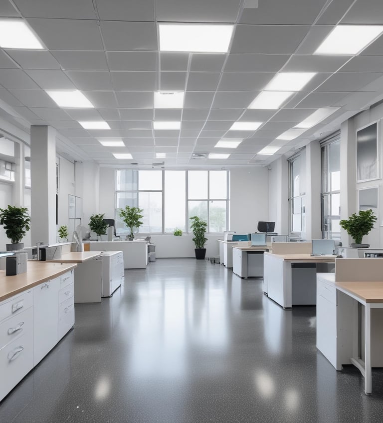 A team of cleaners using eco-friendly products in an office space.