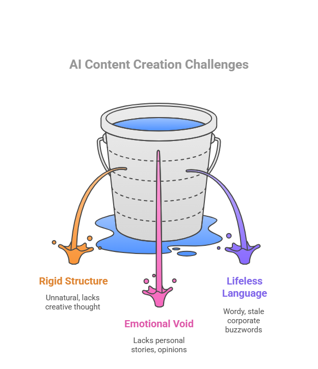 illustrating AI content challenges: Rigid Structure, Emotional Void, and Lifeless Language.