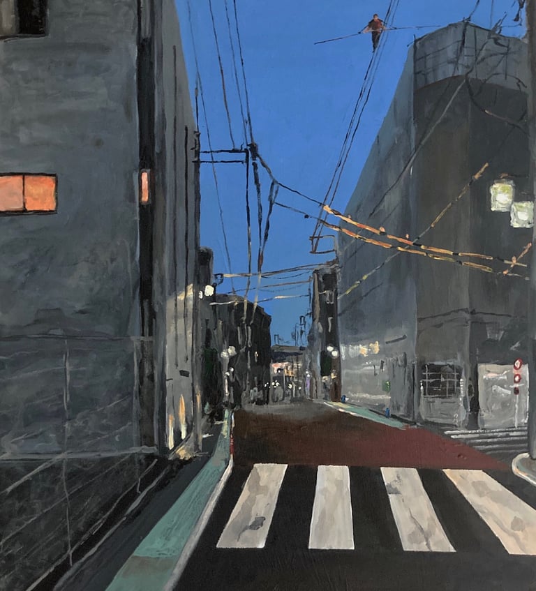 Peinture surréaliste en acrylique représentant une scène urbaine