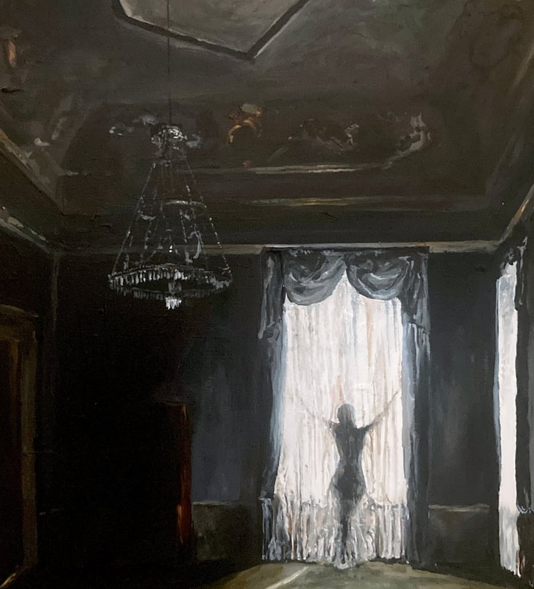 Peinture surréaliste en acrylique représentant une scène urbaine