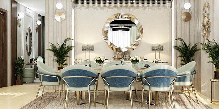 a dining room with a large table and chairs