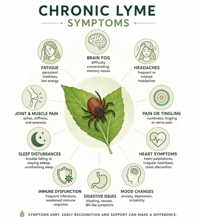 Infographic showing chronic Lyme disease symptoms like brain fog, fatigue, and joint pain around a tick.