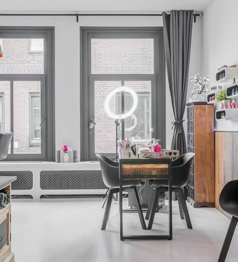 a living room with a dining table and chairs
