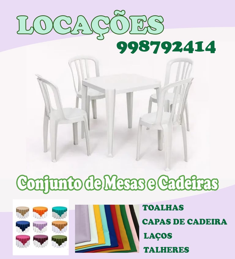 Locação de mesas, cadeiras, toalhas, capas de cadeiras em Artur Nogueira, Cosmópolis e Holambra.