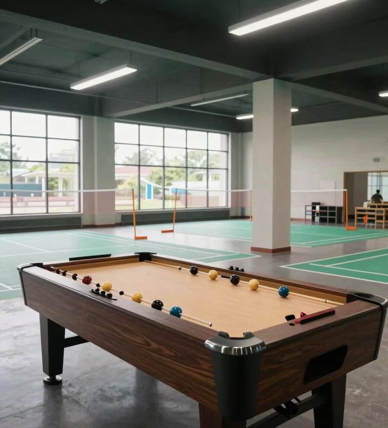 Wide-angle daylight interior of the Paradise Green clubhouse, carrom board and badminton court visible, natural light entering through high windows, no people staged, clean functional space, documentation-style framing