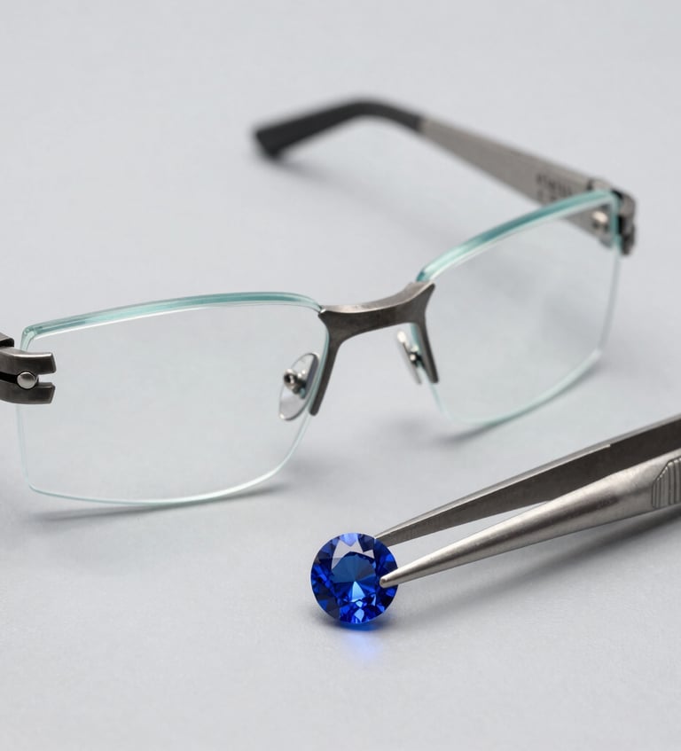 An optic-clear jeweler's magnifying visor glass sitting next to ultra-fine precision steel tweezers holding a brilliantly cut blue gemstone on a neutral light gray background.