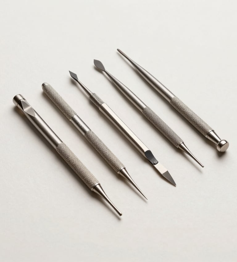 A high-end professional jeweler's wax carving tool set, featuring steel modeling picks with knurled grips and fine precision tips, laid out neatly on an off-white background with professional studio lighting.