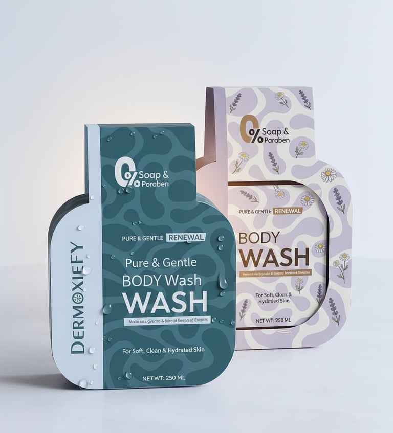 Dermoxiefy paraben-free body wash bottles in teal and lavender floral packaging for sensitive skin.