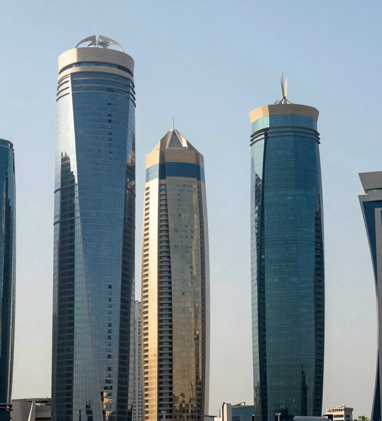 A sharp, high-contrast architectural crop of West Bay Doha skyscrapers in bright cool daylight, clean glass facades reflecting a pale blue sky, structured composition with generous negative space.