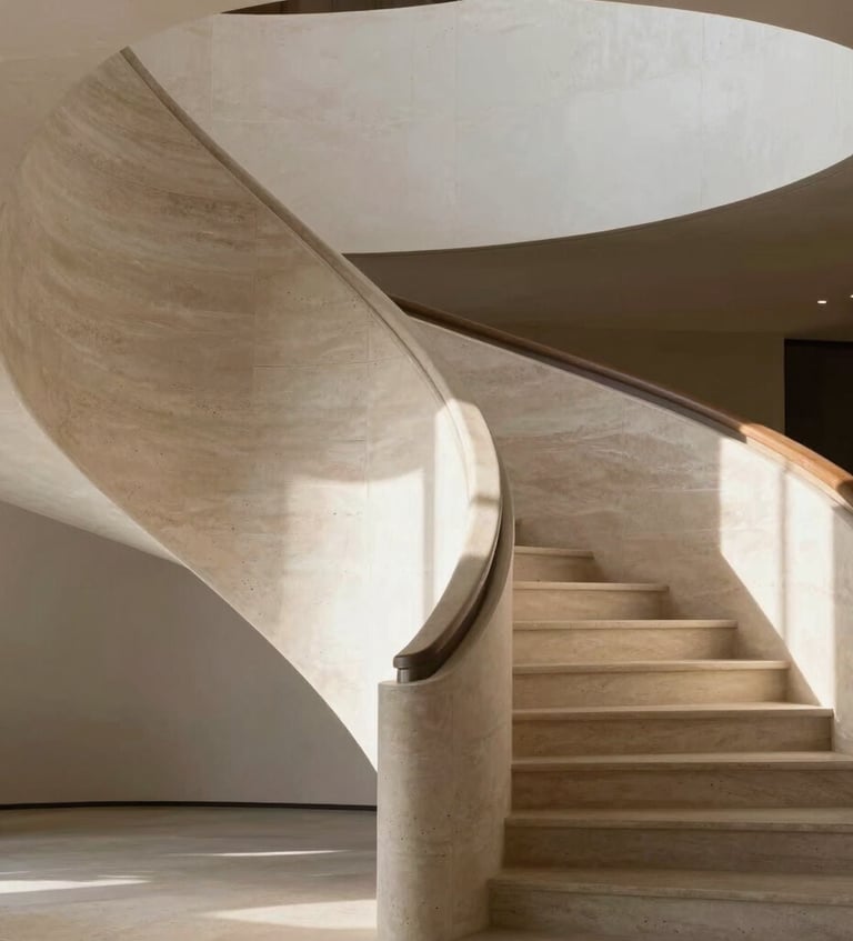 A close-up shot of architectural details inside a modern residence, showcasing beautiful curves of a staircase and warm neutral shadows on light stone, North American / Modern Western.
