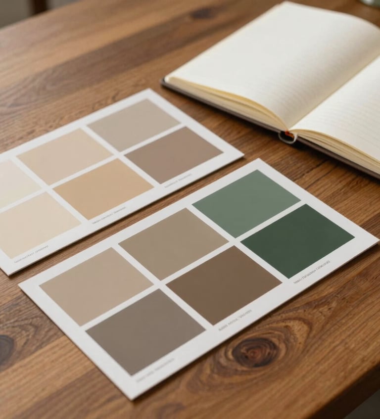 A flatlay of design mockups, color swatch cards in warm sand, taupe, and deep sage green, alongside an open creative notebook on an elegant oak table, North American / Modern Western.