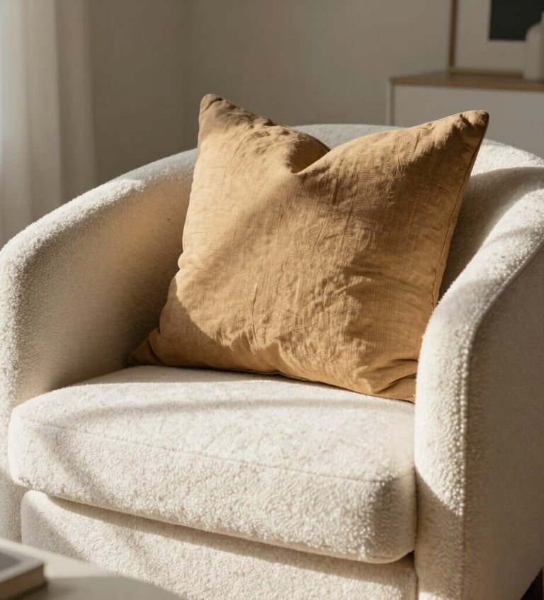 A close-up photography of a beautifully arranged modern living room corner, styled with a plush off-white bouclé armchair, a warm sand-toned linen pillow, and soft morning sunlight casting elegant shadows, capturing a premium interior design aesthetic, North American / Modern Western.