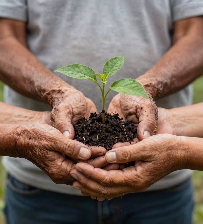 Photography of elderly hands and younger hands holding a small seedling together, South American / Colombian rural setting, soft natural light, symbolizing community.