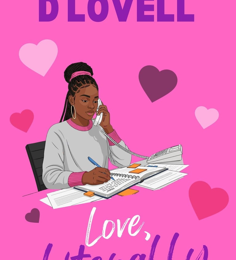 Contemporary romance book cover for Love Literally by D Lovell featuring a Black woman writing at a desk.