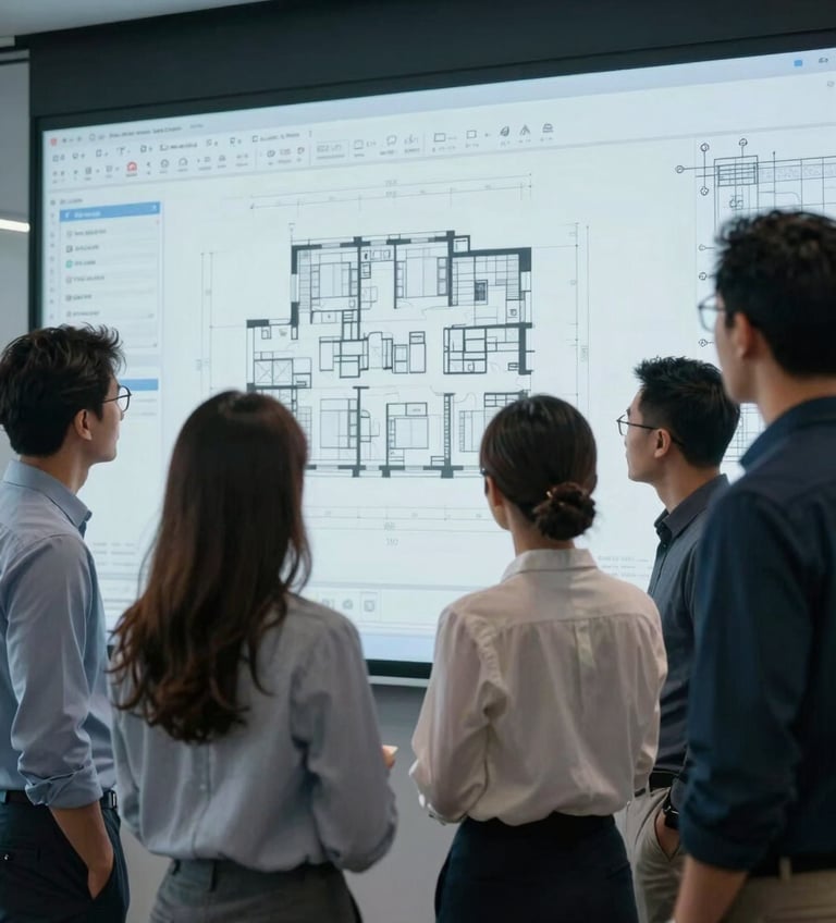 A group of professionals in a modern North American / US architectural firm gathering around a large screen to review digital blueprints, professional and focused atmosphere, sky blue accents.