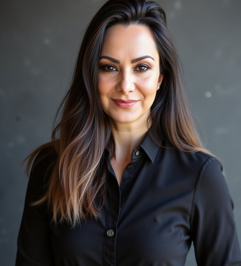 Beautiful middle eastern woman with long brown hair and a black button down shirt. Her name is LVF.