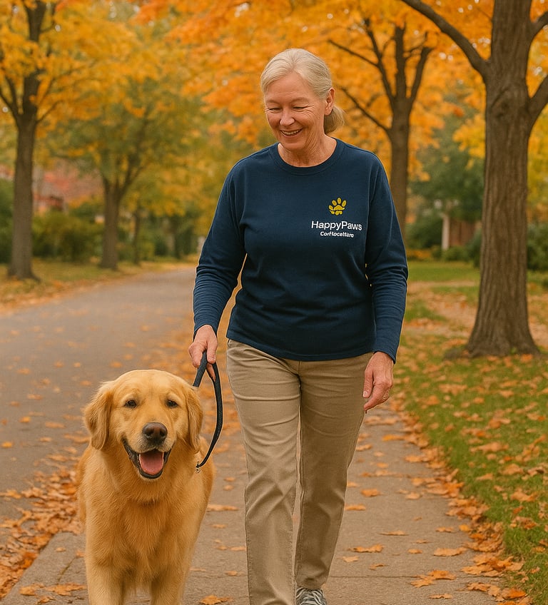 Burlington dog walker giving one-on-one walk on quiet sidewalk | Happy Paws Burlington