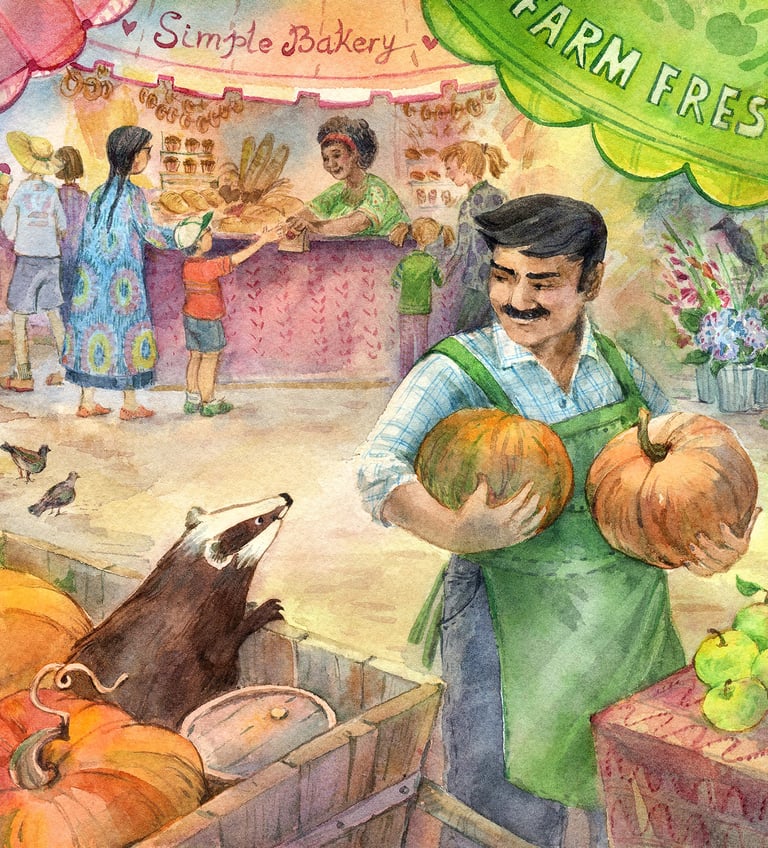 a man holding a pumpkin in a market with badger looking at him in watercolor by olga tenyakova