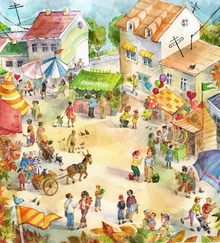 a town square market with people walking around by olga tenyakova