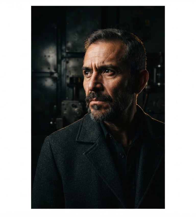 Guillermo Abraham Trejo Negrete, off-center portrait, looking intently, dramatic chiaroscuro lighting, deep shadows, subtle gold backlighting, gunmetal textures in background, cinematic wide-angle.