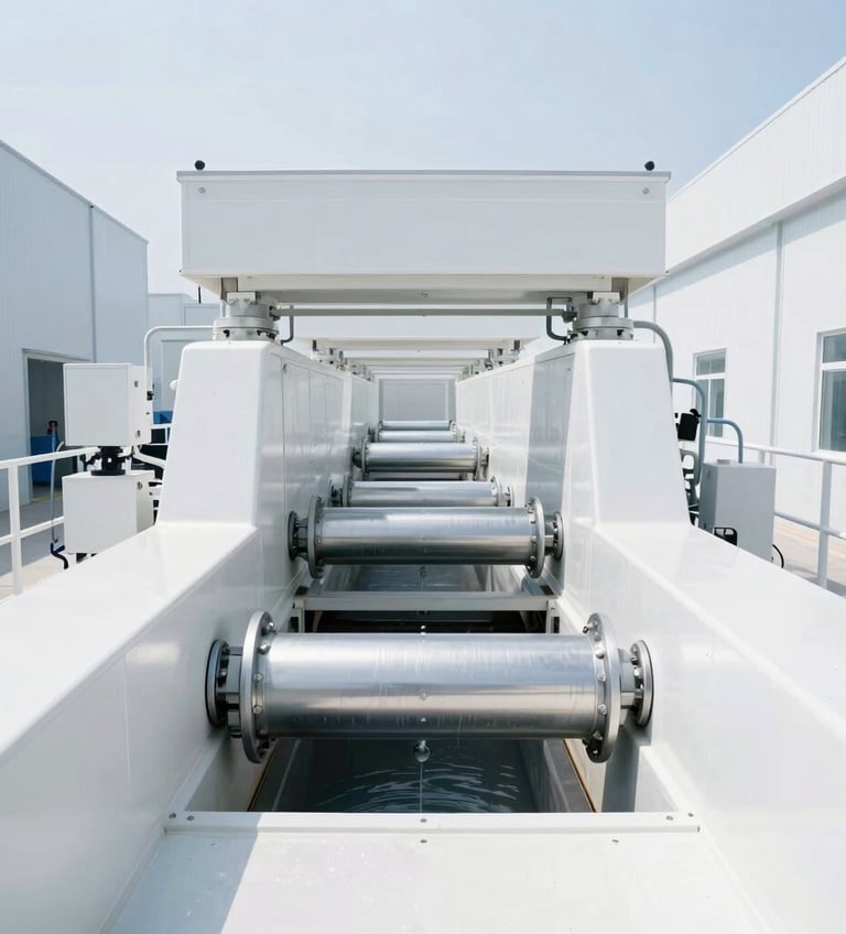 Bright high-key industrial photography, wide shot of a massive industrial washing tunnel inside a sterile facility, clean white daylight, 35mm