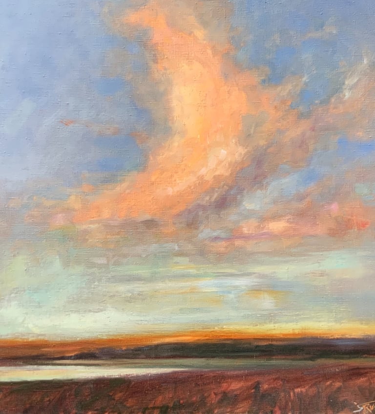 Soft watercolor landscape with glowing sky in warm peach and blue tones over a quiet horizon