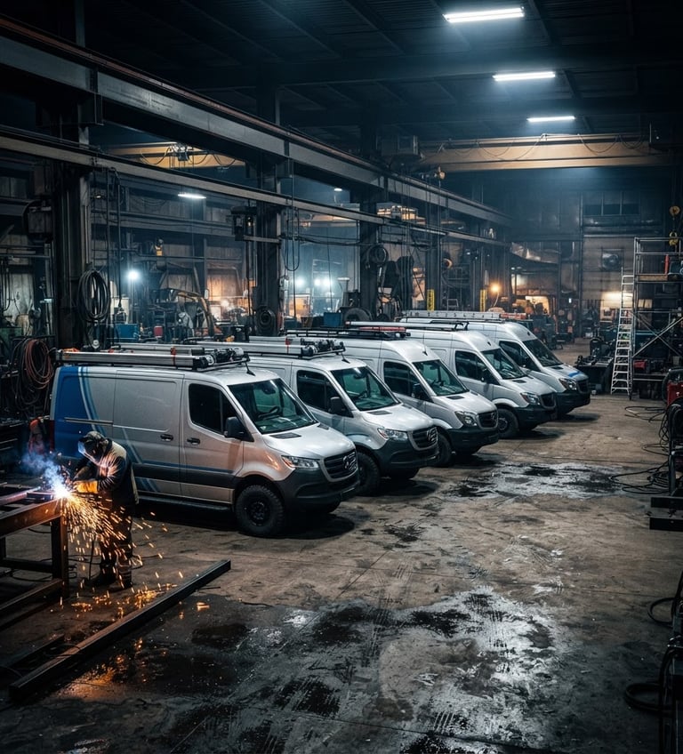 Branded mobile service fleet lined up, high-contrast industrial lighting, dramatic shadows, cool steel tones, sharp details, 50mm lens.