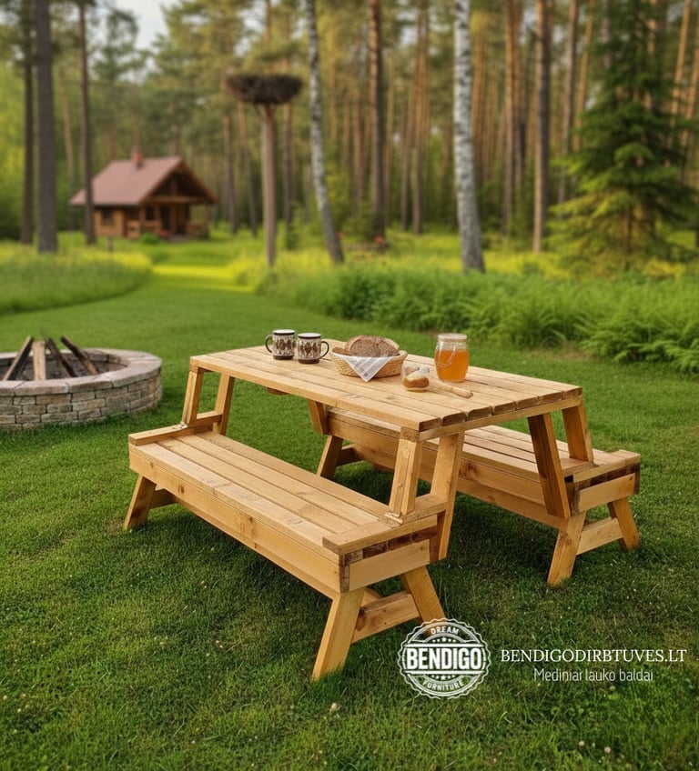 Trasformeris medinis lauko baldų komplektas - du suoliukai atsiverčia į stalą