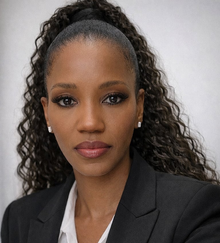 Professional portrait of a black woman with long curly hair in a high ponytail wearing a black blazer.