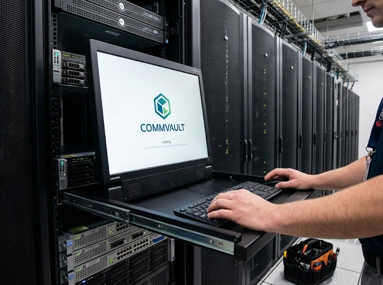 An IT technician manages a server rack using a monitor displaying the Commvault data backup software logo.