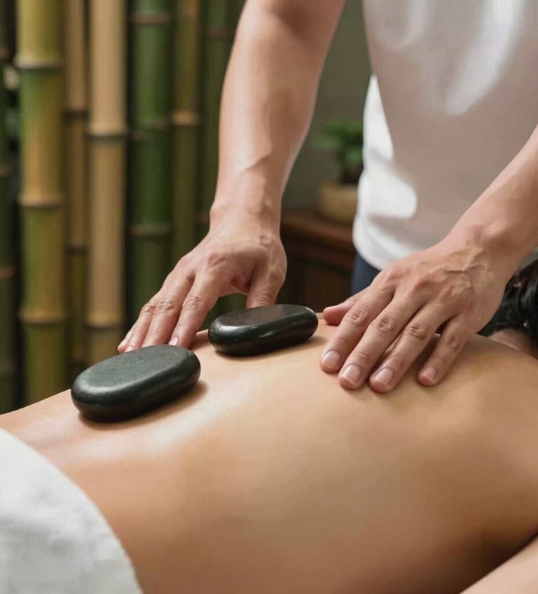 Close-up photography of a professional massage therapist's hands placing smooth warm stones on a customer's back during a spa session. Set in a serene Southeast Asian / Indonesian wellness center with soft lighting, natural textures, and a background of green bamboo stalks.