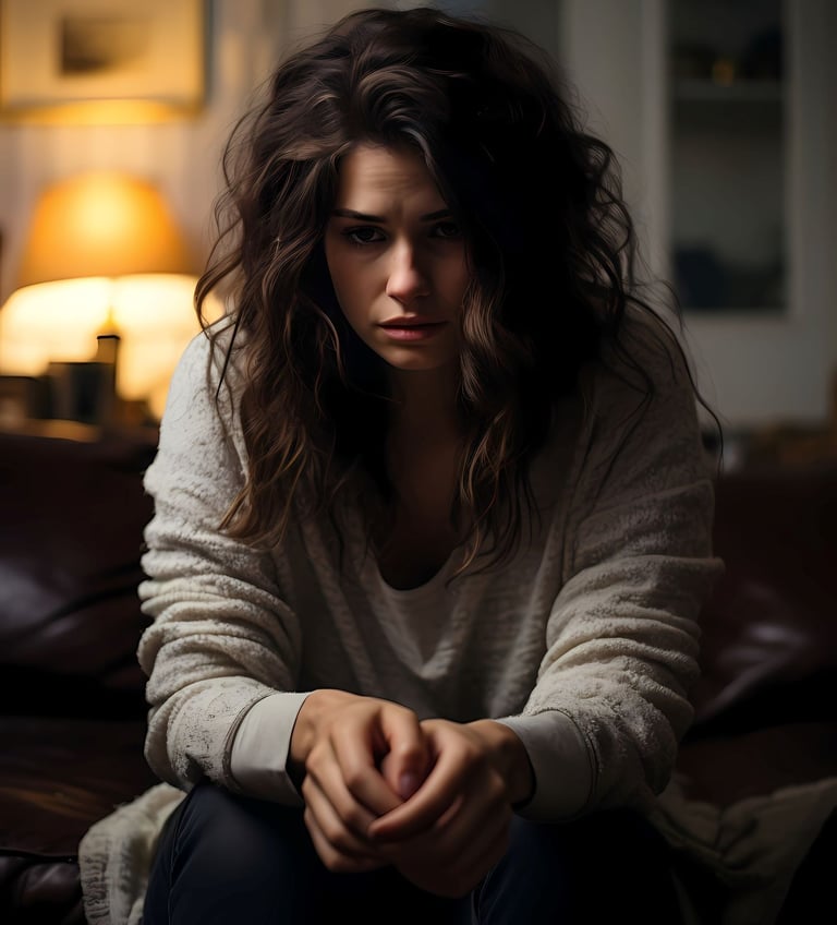 a woman sitting on a couch in a living room