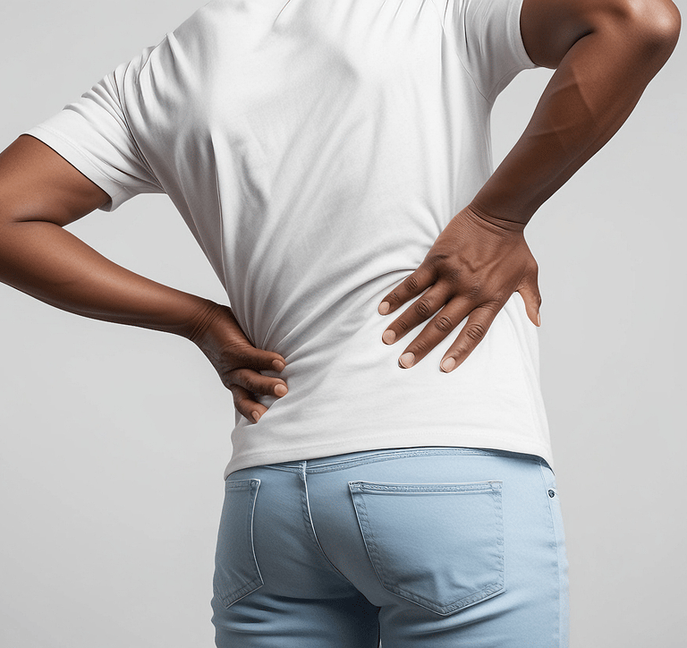 Person holding lower back and leaning to one side, indicating low back pain.