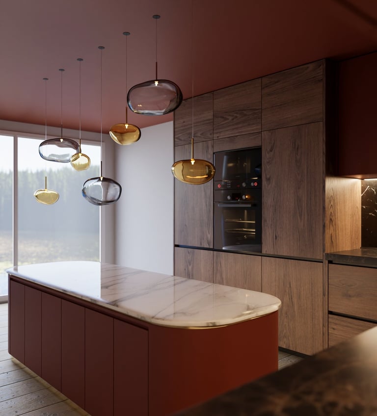 Rendu 3D d’une cuisine moderne avec îlot central en marbre, meubles en bois et suspensions design en verre coloré.