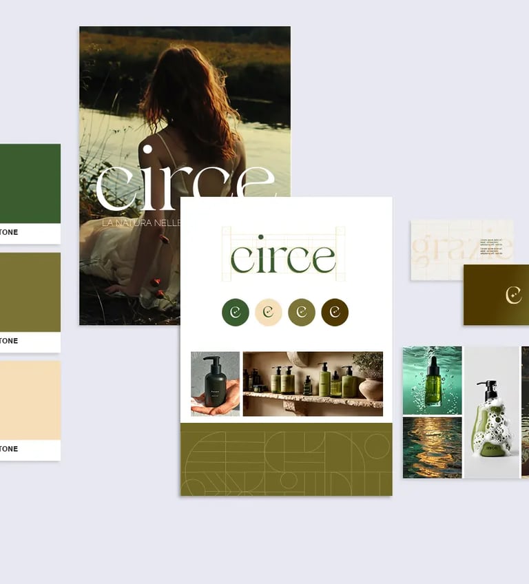 Moodboard brand cosmetico Circe per identità visiva coordinata.