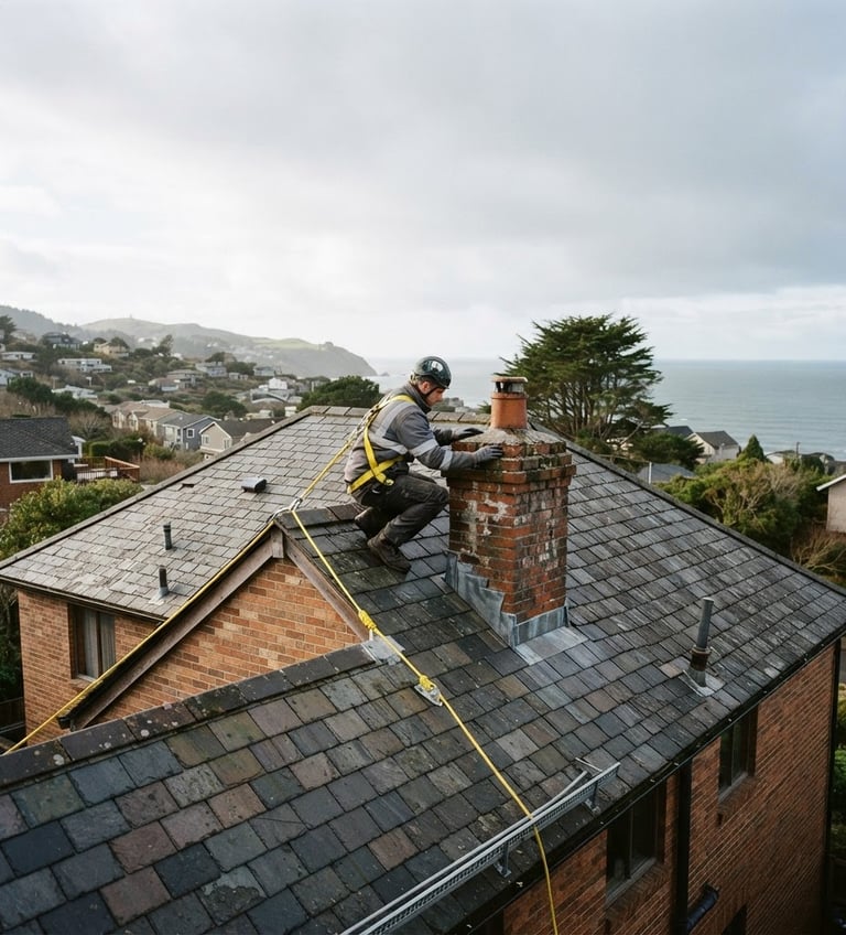 Crew member in safety harness on a residential rooftop, inspecting a brick chimney against a crisp, overcast coastal sky, wide environmental shot showing height and safety setups, 35mm