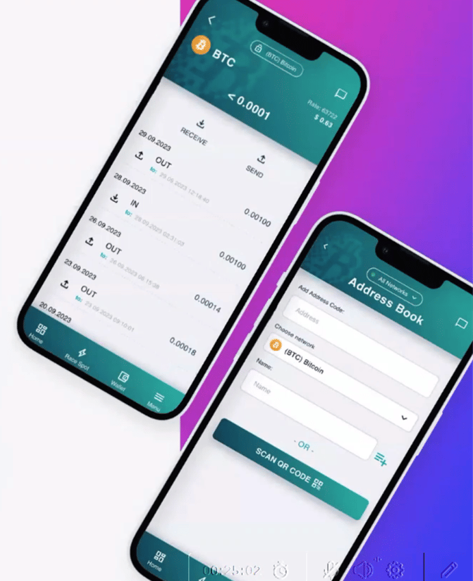 Mining Race App transactie centrum en adresbook