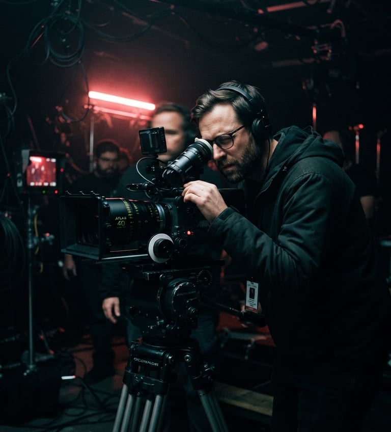 Cinematic film photography, high contrast dramatic lighting, deep shadows, director behind an anamorphic camera on a dark set, neon red backlight, 35mm grain