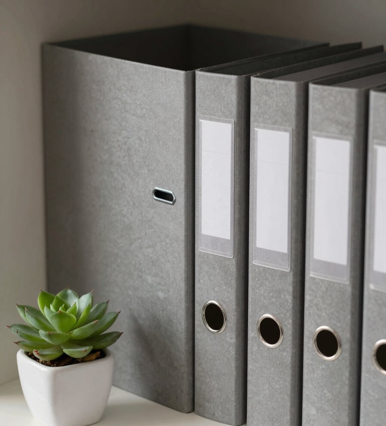 A close-up shot of professional, neatly labeled muted stone grey folders on a shelf. The lighting is soft and even, highlighting the clean organization. A small succulent in a white pot sits nearby on a soft off-white surface.