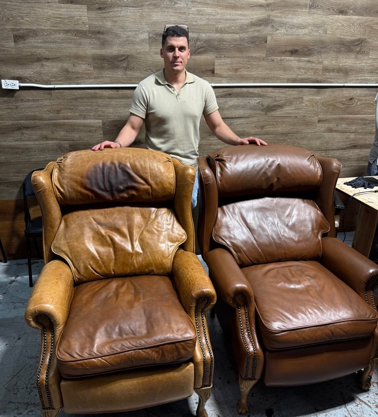 Leather chair restoration in Chicago — full repair and recoloring. This leather chair had heavy wear