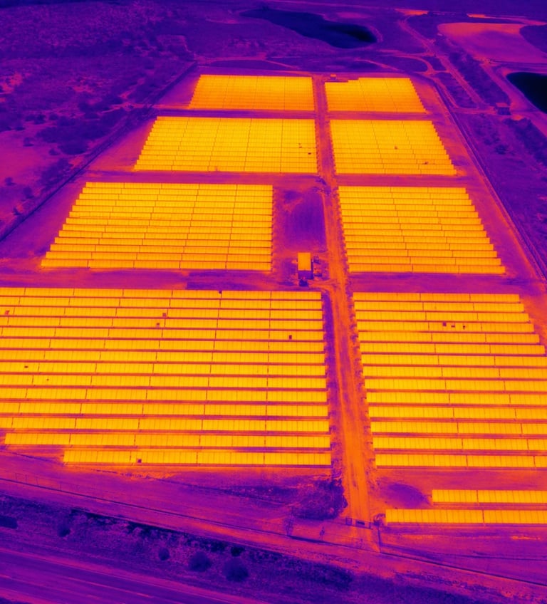 Aerial thermal imaging scan of a large solar farm showing heat distribution across solar panel arrays.