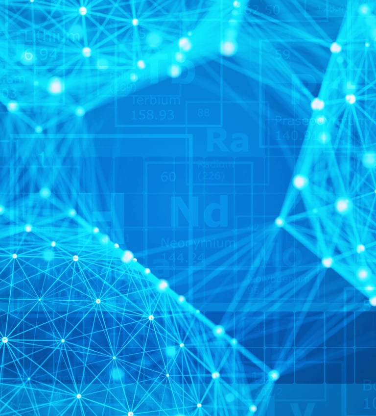Blue lattices over periodic-table backdrop—visualizing high-entropy alloy design space.