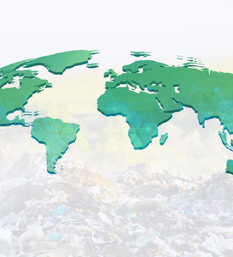 World map overlay above mixed plastic waste—signal for global circularity and polymer upcycling.