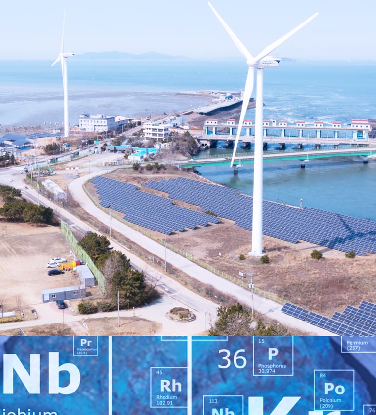 Aerial coastline with wind farm overlaid by periodic-table—concept visual for rare-earth separation.
