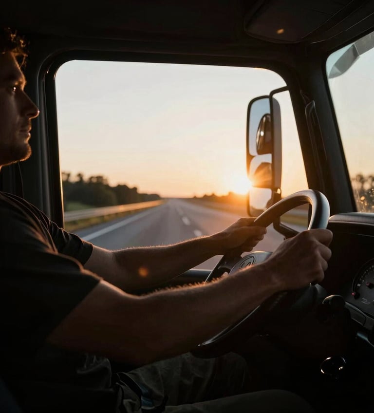 Close-up of a truck driver's hands on the steering wheel, focused on the highway, dramatic low-key lighting, golden hour sun flare, deep charcoal and amber tones, high contrast, 35mm