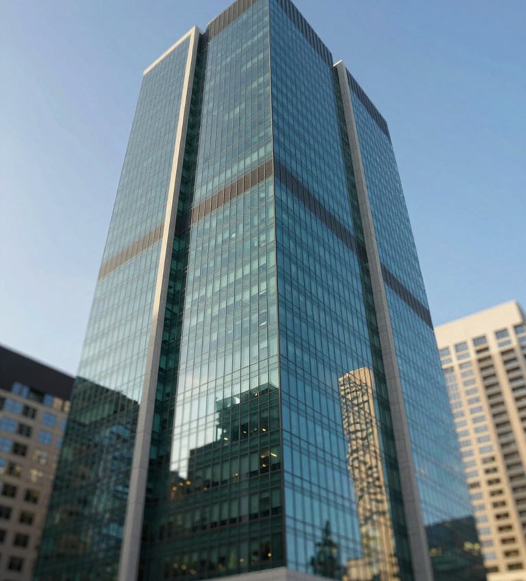 A minimalist, low-angle shot of a modern glass skyscraper in downtown Toronto, reflecting a clear blue sky, incorporating the deep green #00381f and warm cream tones, professional and clean architectural photography.